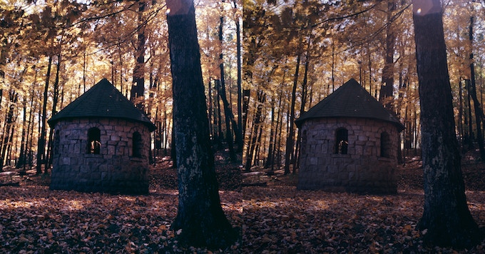 two towers in fall foliage